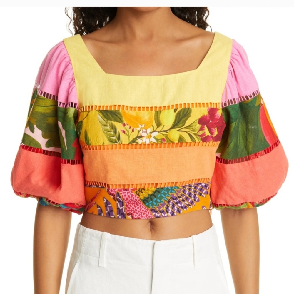 FARM Rio Rainbow Mixed Prints Tiered Linen Blend Top in Mix Print  sz  XS - Picture 2 of 10